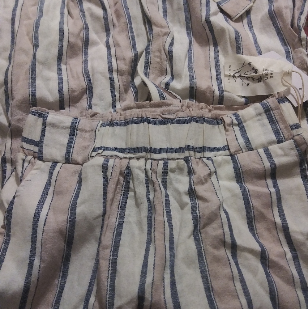 Indigo Rein Paper Bag Pants Linen Vertical Stripes slits on legs - Picture 10 of 14